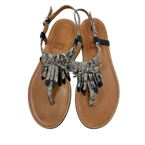 Fitflop Womens Tia Sandals size 8 black leather & Python fringe thongs - Picture 3 of 12